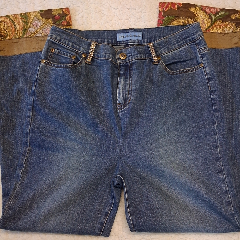 The Denim Tailor Jeans Womens Size 8 Medium Wash Rhinestone Belt Stretch Denim
